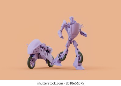 Single Monochrome Pruple Color Motorcycle And A Robot Toy In Single Color Yellow, Orange Background, Nobody, 3d Rendering