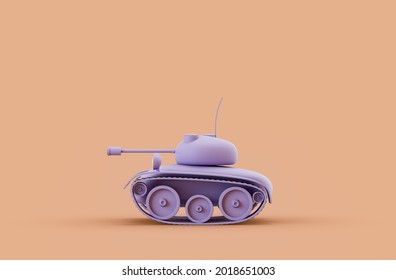Single monochrome pruple color toy tank in single color yellow, orange background, nobody, 3d Rendering