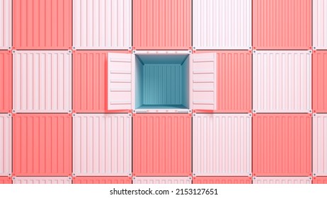 Single open door containers 3D rendering. Pastel pink metal cargo containers stacked to form a grid pattern.