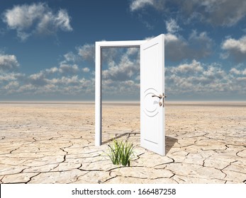 Single open door in cracked desert with clump of grass - Shutterstock ID 166487258