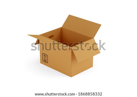 Single open, empty brown cardboard moving storage box over white background, moving day concept, 3D illustration