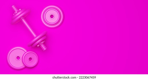 Single Pink Fitness Gym Dumbbell With Plates Stack Over Pink Background Flat Lay Top View From Above, Woman's Fitness, Muscle Exercise, Bodybuilding Or Female Fitness Concept, 3D Illustration