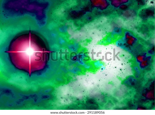 A single pink star in the middle
of a vivid purple and green nebula far far away from
here.