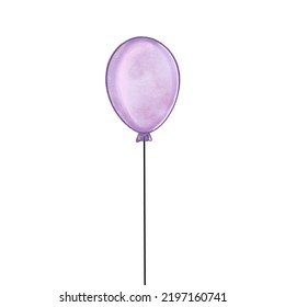 Single Purple Balloon . On White Background. Joy Symbol. Watercolor, Hand Drawn Illustration. For Decoration 