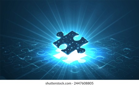 Single puzzle under a puzzle pattern with a shining bright puzzle hole. 3d abstract low pole. Business strategy, success digital solution, jigsaw games symbol. Creative idea, corporate mission concept