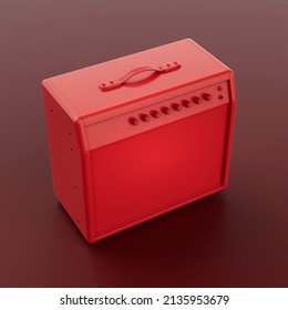 Single Red Color Guitar Amp For Stage, Studio And Practice, Monochrome Top View, 3d Rendering,no People, Sound Amplify