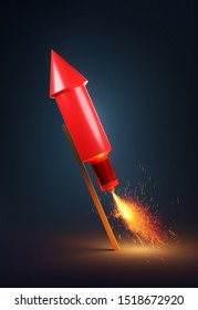 A Single Red Firework Rocket With A Lit Fuse. 3D Illustration.