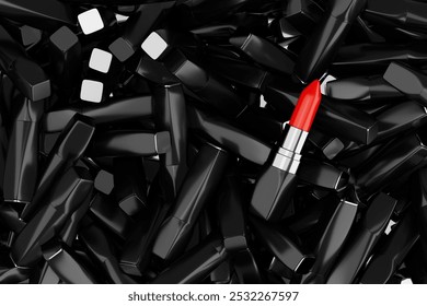 Single Red Lipstick Stands Out Against a Background of Numerous Black Lipstick Tubes, Showcasing a Bold Contrast in Color, extreme closeup. 3d Rendering  - Powered by Shutterstock