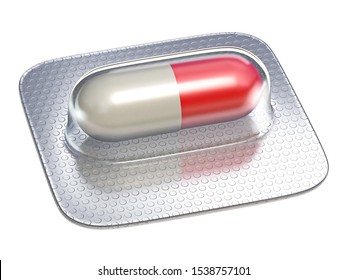 Single Red Pill In Blister Pack 3D Render Illustration Isolated On White Background