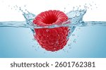 A single, ripe raspberry plunges into clear water, creating a vibrant splash with air bubbles. The red fruit contrasts beautifully against the blue water.