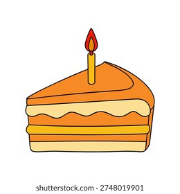 Single slice of layered cake with lit candle in vibrant colors