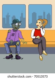 Single Sporty Blonde Pony Tail Girl Meets A Nice Zombie In Train