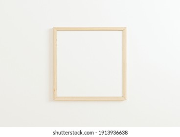 Single Square Light Wood Frame Mockup On White Clean Background. Oak Frame Poster On A White Wallpaper. 3D Illustration.