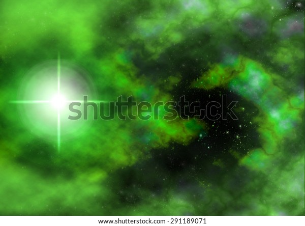 A single star in the middle of a bright green\
nebula far far away from\
here.