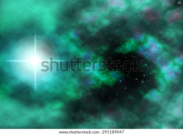 A single star in the middle of a green nebula far\
far away from here.