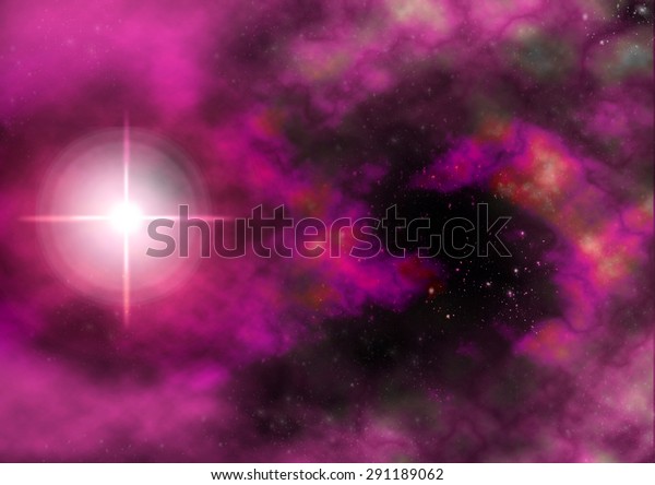 A single star in the middle of a pink and\
yellow nebula far far away from\
here.