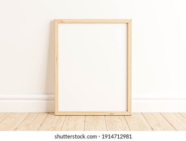 Single Vertical 8x10 Wood Frame Mockup On Clean White Wall And Wooden Floor. Vertical Single Wood Poster On The Ground. 3D Illustration.