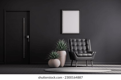 Single vertical poster frame in a wide mockup interior scene. Standard size vertical poster frame mock-up scene. Frame mockup background. 3d rendering, nobody