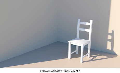 Single white chair in 3d. Concept of solitude, loneliness, boredom and fatigue. Illustration of sadness, apathy, lack of life and personality.
