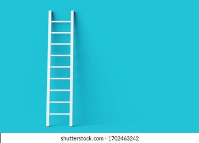 Single White Ladder Leaning Against Pastel Blue Wall Minimal Career, Opportunity Or Goal Concept, 3D Illustration