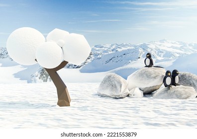 A single winter tree surrounded by penguins in a snowy landscape. Winter backgrounds and postcards. 3d illustration