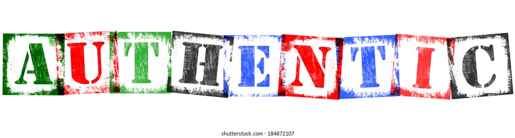Single Word Authentic, composed from single letter stamps, vintage grunge design, isolated on white background.