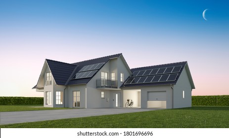 Single-family House New Building With Garage In The Evening With Lighting In The House On A Green Meadow (3D Rendering)