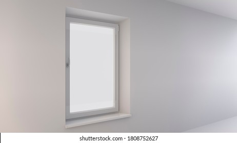 Single-leaf closed window on a white wall. aerial light illustration for brochures, web design. 3d rendering