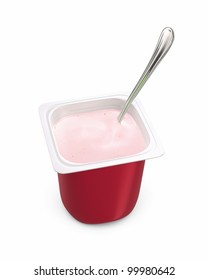 Single-serving Pot Of Strawberry Yogurt With Spoon Isolated On White Background. Includes Pro Clipping Path.