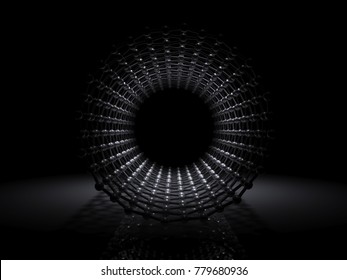 Single-walled zigzag carbon nanotubes molecular structure, front view on black background, 3d illustration