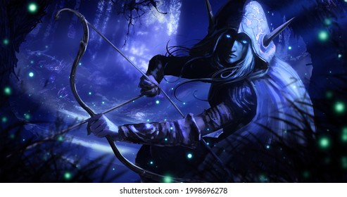 A sinister archer, a dark elf in a hood, looks sternly with her blue magic eyes, which glow in the middle of the night forest bathed in moonlight, in her hands a bow and arrow at the ready.  2D  art