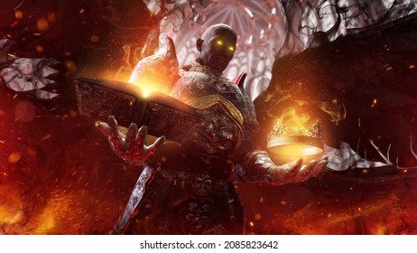 A sinister bald black angel with golden glowing eyes, he offers a choice of a book or a crown, while smiling ominously. He is wearing vintage dark red plate armor with gold patterns. 3d rendering art