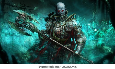 A sinister bald vampire knight in plate armor with a huge axe is advancing with a huge army of skeletal ghosts in the middle of the night swamp. He has pale skin, red eyes and a creepy smile. 2d art