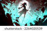 A sinister and beautiful sorceress is freed from imprisonment by breaking chains and an ancient temple into fragments, lifting everything into the air with incredible magical power. 2d anime art.