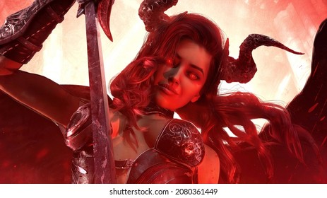 A sinister charming and sexy succubus woman with black wings, a bloody rusty sword, smiling looks with her red demonic eyes, she has an ideal body and face, her plate armor shines. 3d rendering