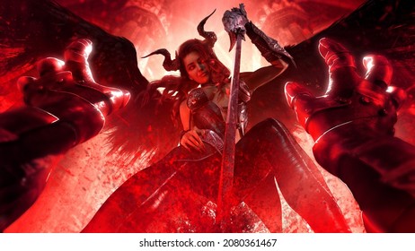 A sinister charming and sexy succubus woman with black wings, mercilessly pierces a knight with a sword, smiling down at him, she has horns, red vampire eyes and a perfect face and body. 3d rendering