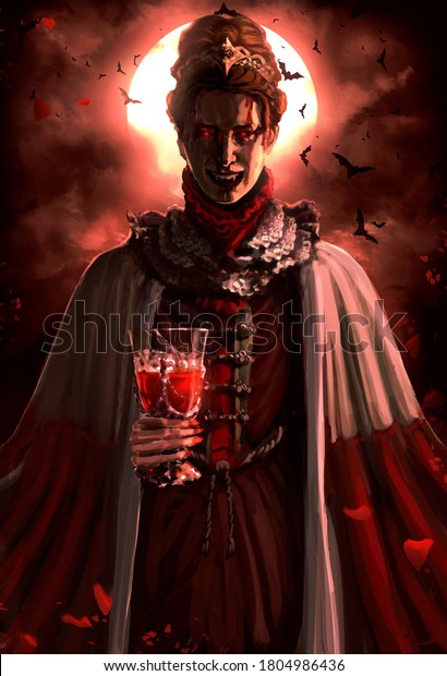 Sinister Countess vampire in retro clothes,\
eerily smiling showing his sharp teeth, holding a glass of bright\
red blood, stands against the background of a bright full blood\
moon.  2D\
illustration