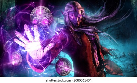 A sinister dark elf in a red jacket with long white hair, smitten with black filth, smokes with dark purple magic. He dynamically stretched out his hand forward casting a dark curse . 3d rendering art