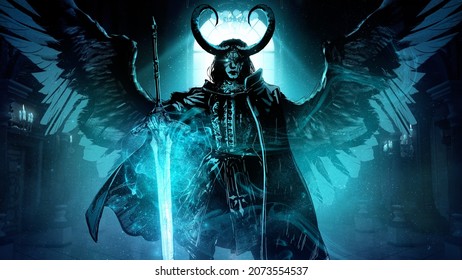 A sinister demon with huge horns stands in a dark estate in a turquoise fog, with a magical two-handed magic sword in his hands, he is a count in a raincoat and a luxurious jacket, night scene 2d art