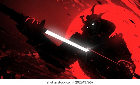 A sinister samurai in a helmet slowly pulls out his shiny katana against the bright blood-red sun, particles of ink and blood fly around him, his eyes glow ominously behind an ugly warrior mask 2d art
