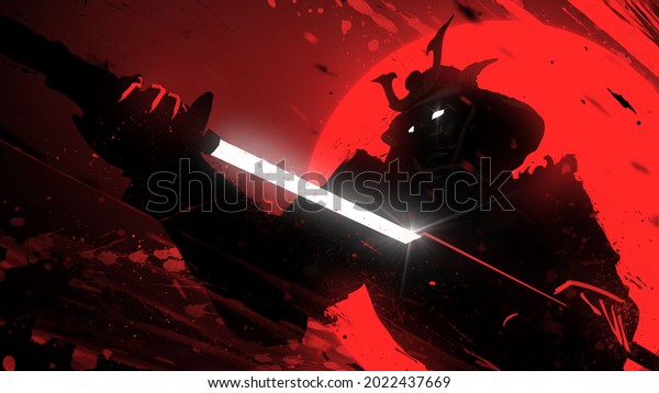 A sinister samurai in a helmet slowly pulls out his
shiny katana against the bright blood-red sun, particles of ink and
blood fly around him, his eyes glow ominously behind an ugly
warrior mask 2d art