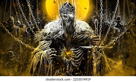 A sinister undead king clutching chains in his hands and which he holds the souls his subordinate zombie servants  sword in his hand    hole and small heart in his chest  2d sketch art