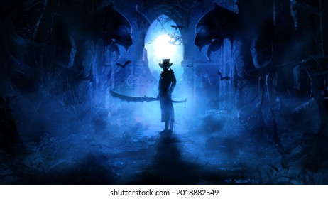 A sinister warrior in a hat and jacket with a huge serrated sword stands in a Gothic ruin in the blue mist of a moonlit night, flanked by ugly gargoyles, his eyes glow ominously in the dark. 2d