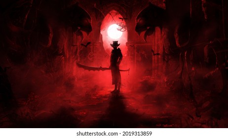 A sinister warrior in a hat and jacket with a huge serrated sword stands in a Gothic ruin in the blood-red mist of a moonlit night, flanked by ugly gargoyles, his eyes glow ominously in the dark. 2d