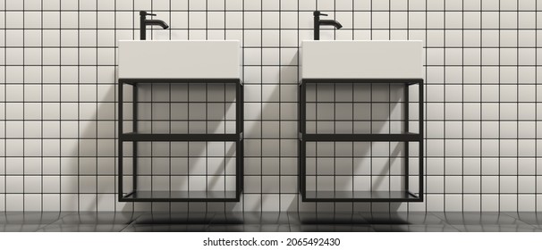 Sink basins and faucets, Two small white rectangular washbasins on metal stands and black mixer taps, tiled wall background, banner. Bathroom interior detail. 3d illustration