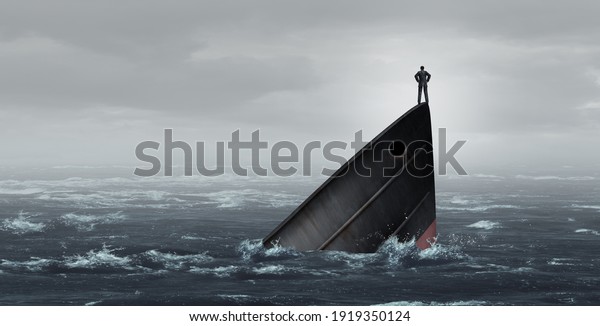 Sinking ship metaphor and failing business\
despair concept as a stranded businessman lost at sea as a failed\
corporate idea for financial crisis or being lost with 3D\
illustration\
elements.