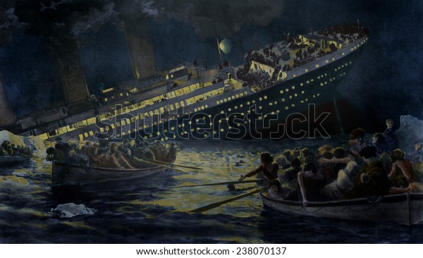 1912年4月15日 イギリス紙に描かれているように 灯りのついた船からタイタニック号 ライフボート が沈没する のイラスト素材