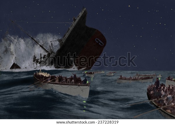 救命艇で生存者が目撃したタイタニック号の沈没 1912年のデジタルカラー画像 のイラスト素材