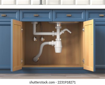 Siphon and pipes under the sink in the kitchen. 3d illustration - Powered by Shutterstock