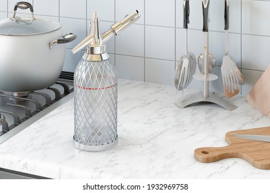 Siphon Seltzer Bottle On The Kitchen Desk, 3D Rendering